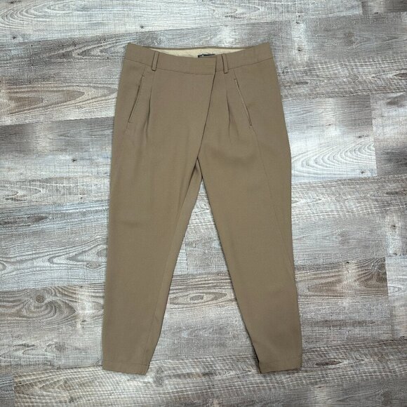 VINCE. Women's Size 6 Asymmetric Harem Trousers Leather Trim Brown Taupe - Picture 2 of 16